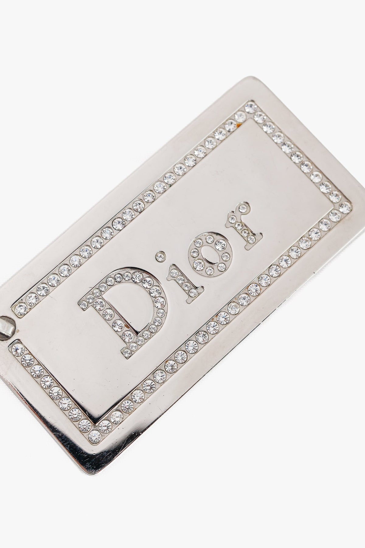 Dior Silver-Tone Rhinestone Logo Plaque Keychain