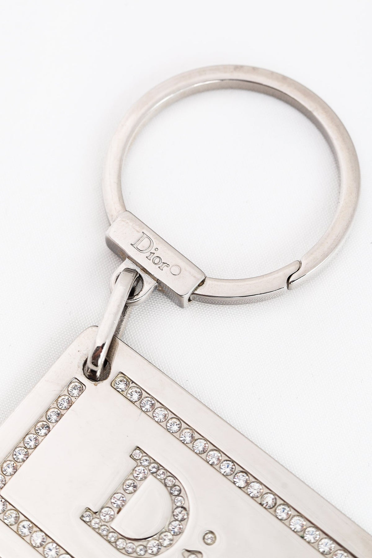 Dior Silver-Tone Rhinestone Logo Plaque Keychain