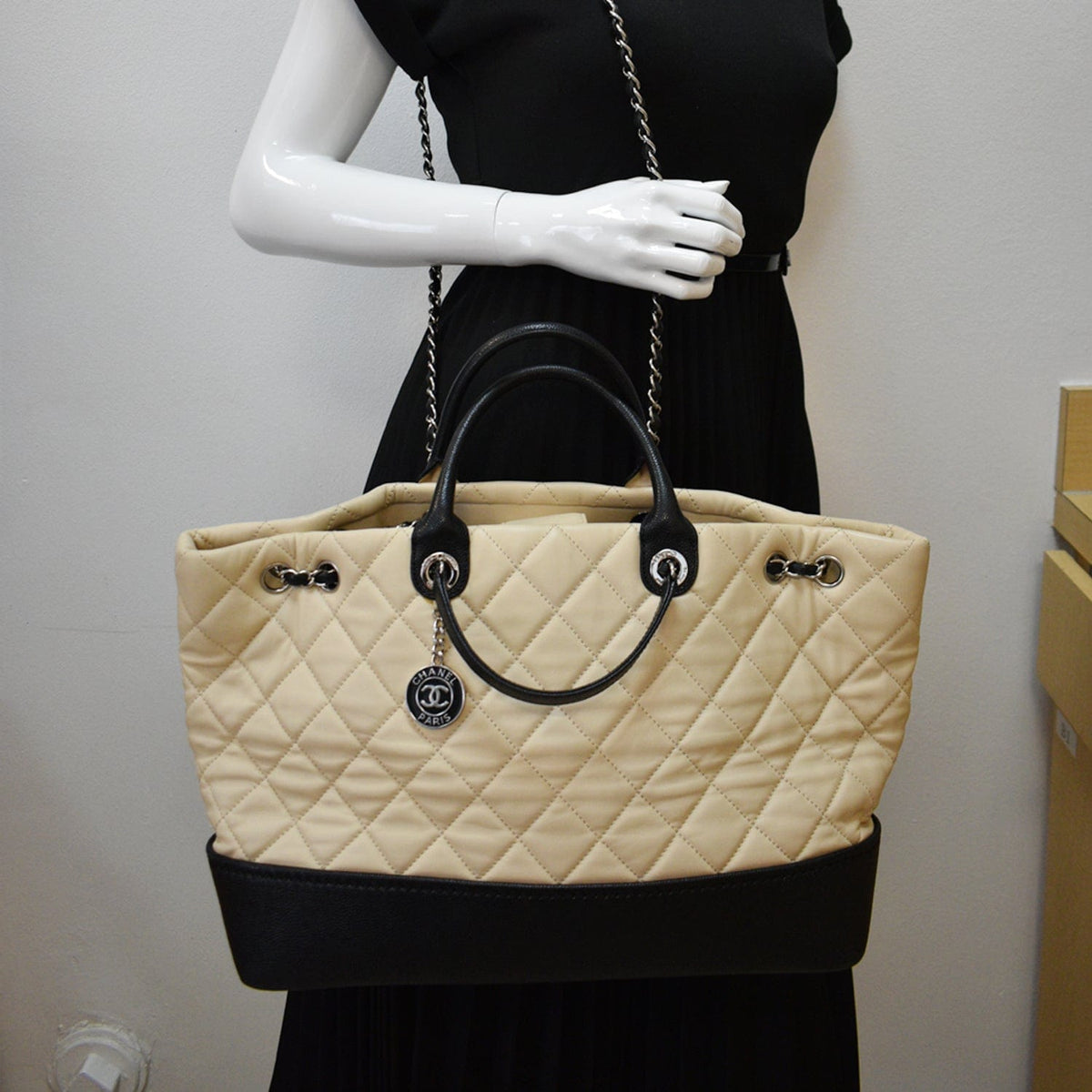 Chanel Drawstring Large Quilted Calfskin Shopping Tote Bag Beige