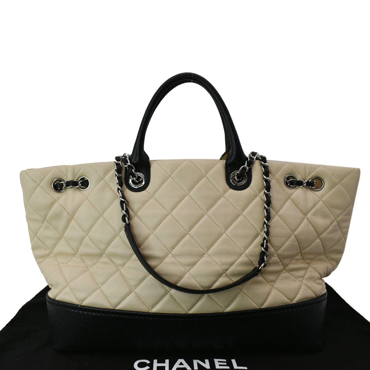 Chanel Drawstring Large Quilted Calfskin Shopping Tote Bag Beige