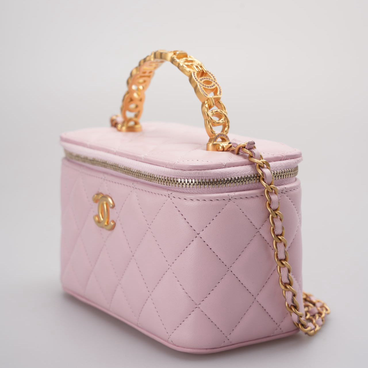 Chanel Vanity Case in Light Pink Quilted Lambskin with Crystal Handle from 2024