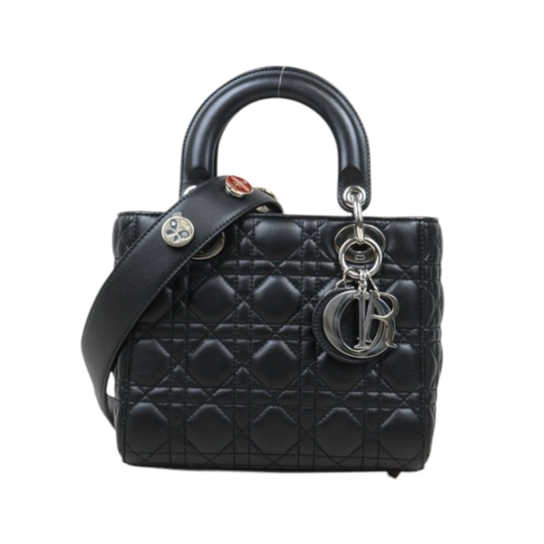 Very Good ( Rank A) ｜  Dior Lady Dior Lamb Skin 2WAY Shoulder Bag Handbag Black  ｜S25040701