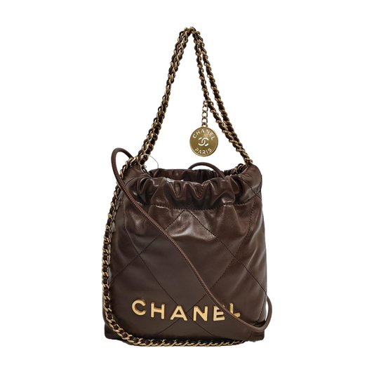 Chanel 22 Hobo Bag Mini Shiny Calfskin Leather Dark Chocolate Brown with Gold-tone Hardware