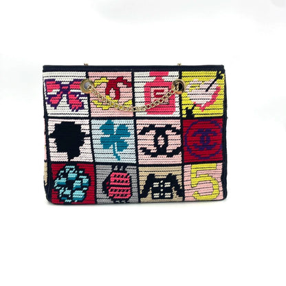 Rare Chanel Precious Symbols Needlepoint Shoulder Bag Shopper Tote