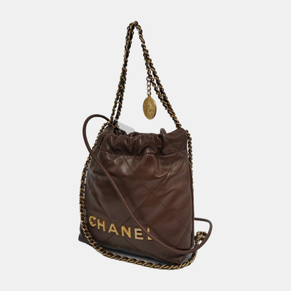 Chanel 22 Hobo Bag Mini Shiny Calfskin Leather Dark Chocolate Brown with Gold-tone Hardware
