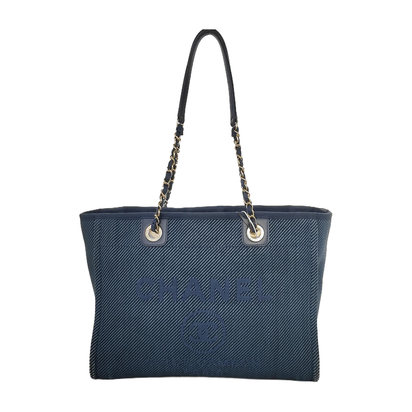 Chanel Deauville Tote Navy Denim Cloth Leather Chain Strap Small 34cm