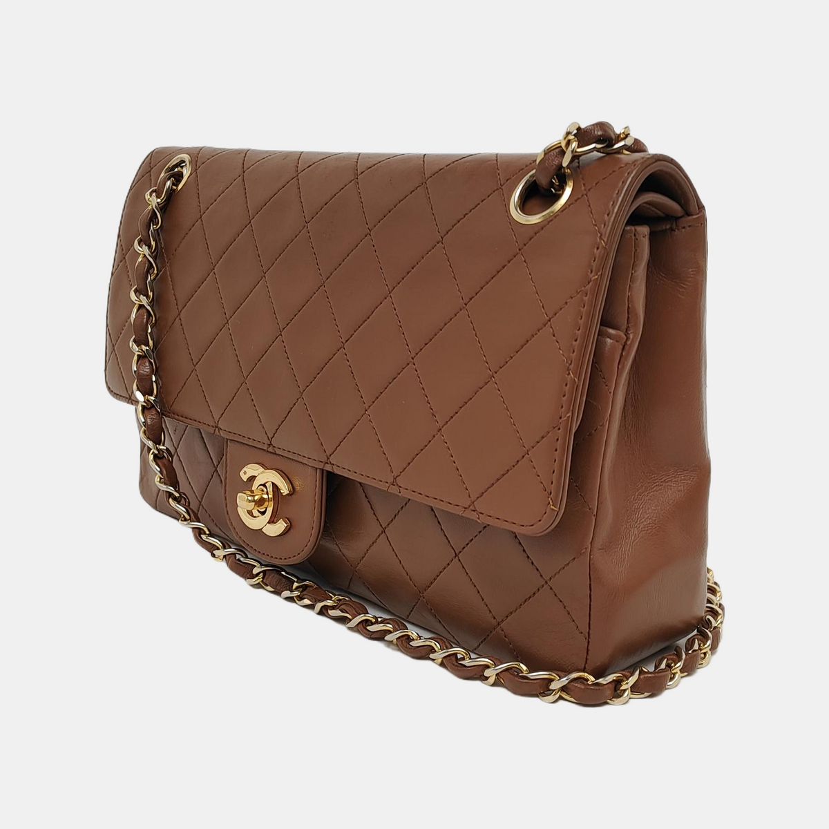 Chanel Classic Flap Vintage Medium Tan Brown Lambskin Leather 24k Gold Hardware