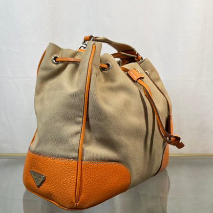 Prada Leather & Canvas Drawstring Orange Bucket Bags TS3776