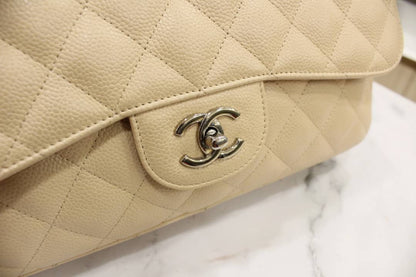 New Single Flap Caviar Jumbo in Light Beige Silver Hardware