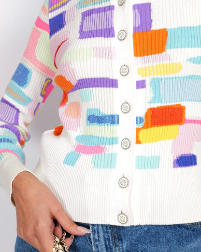 Chanel Spring 2019 White and Multi-Colour Ribbed Cardigan with Silver and White CC Logo Buttons Size FR 38 (UK 10)