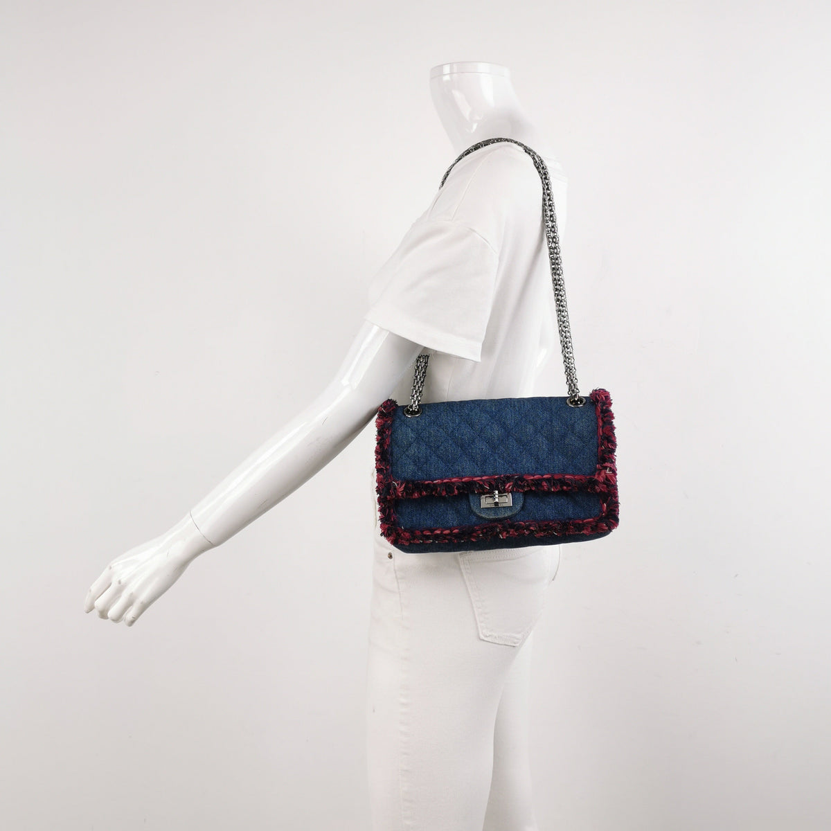 Chanel 2.55 Double Flap Medium Denim Tweed Edges Silver Hardware