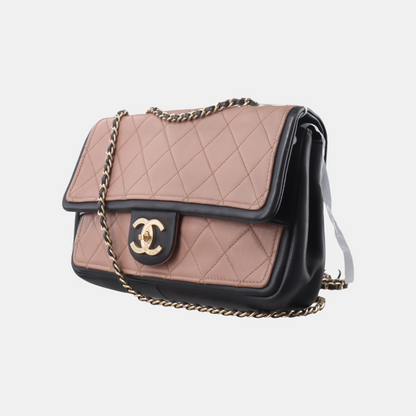 Chanel Classic Flap Bag Calfskin Leather 2014 Medium Nude Pink with Black Trim