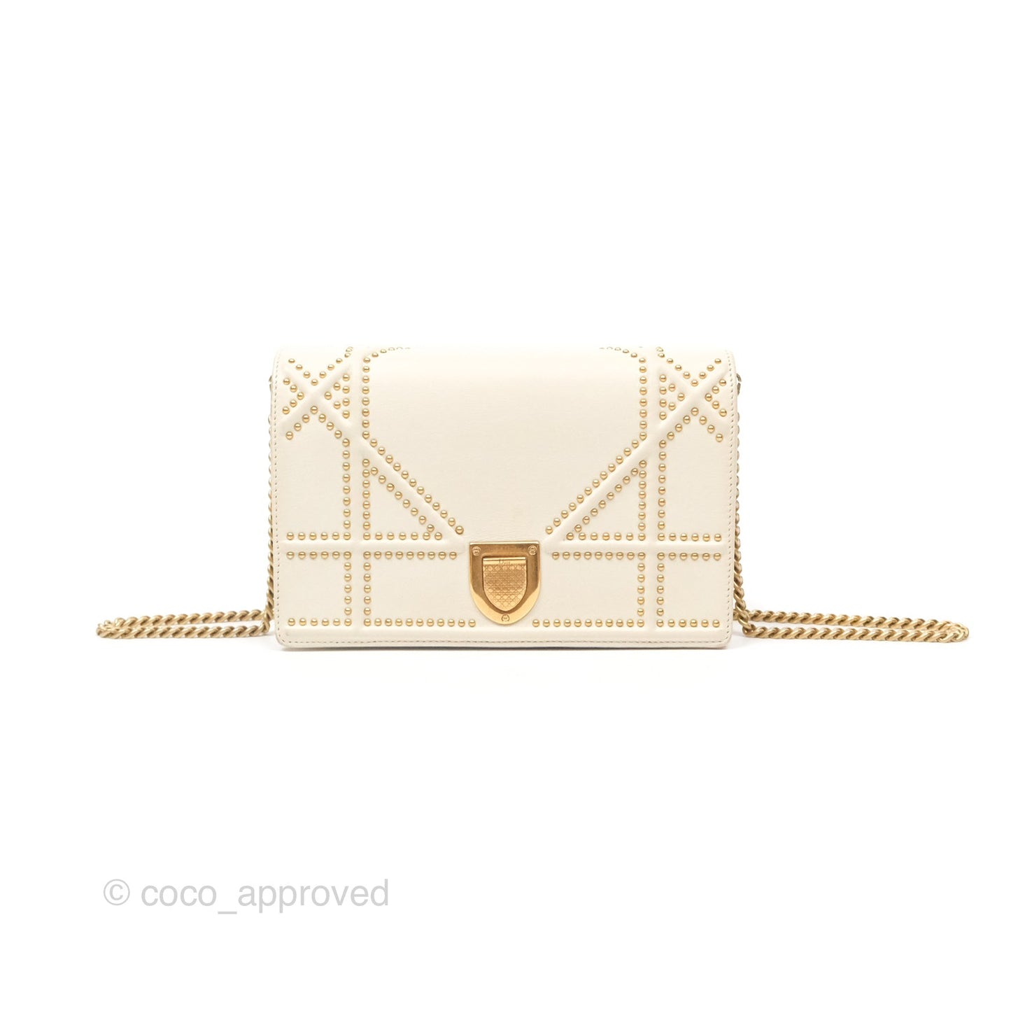 Christian Dior Diorama Wallet on Chain in White Calfskin Studded Gold