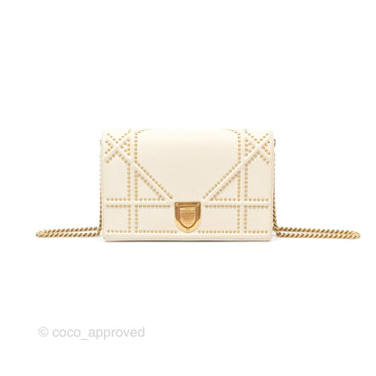 Christian Dior Diorama Wallet on Chain in White Calfskin Studded Gold