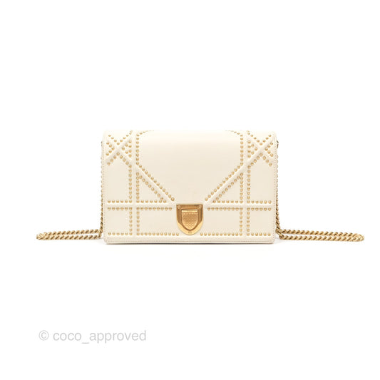 Christian Dior Diorama Wallet on Chain in White Calfskin Studded Gold