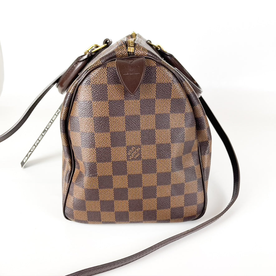 Louis-Vuitton Damier Ebene Speedy 30 Canvas Bag with Strap