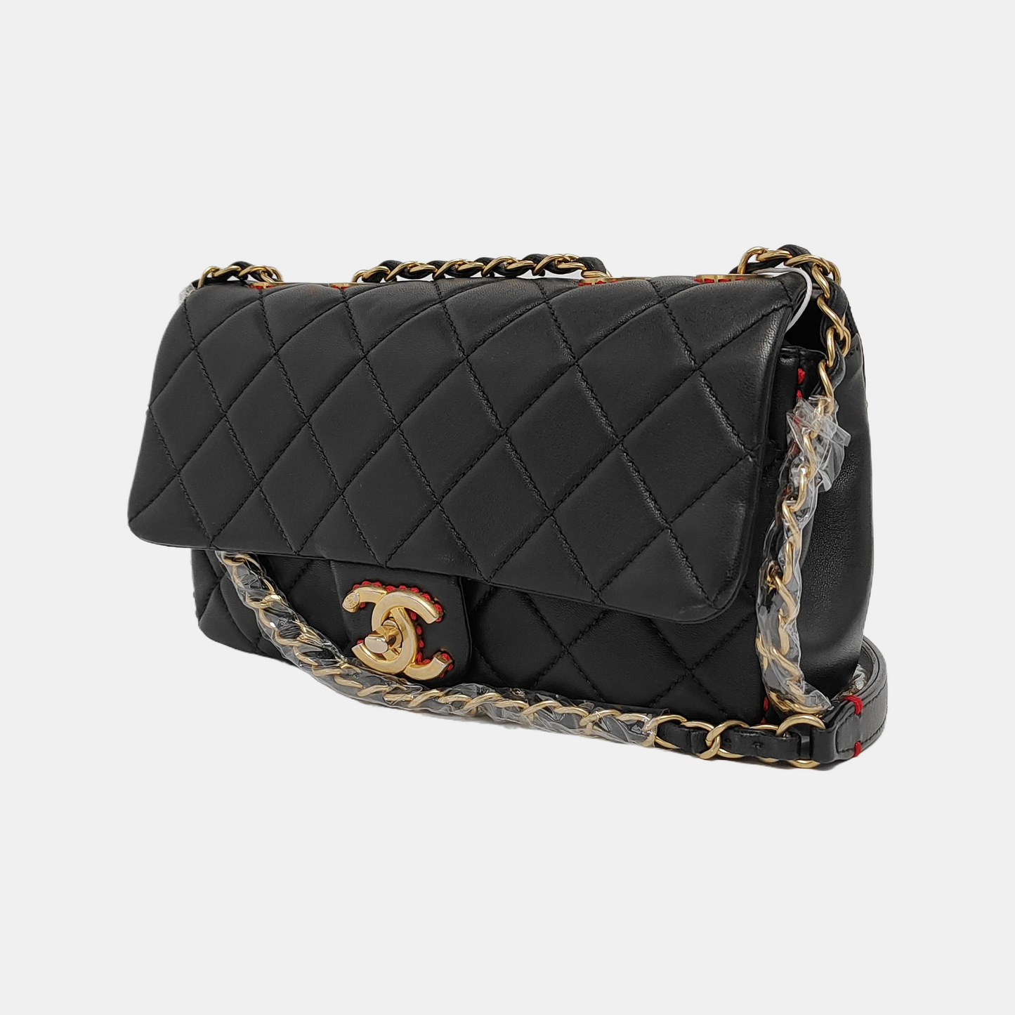 Chanel Black Lambskin Red Stitching Single Flap Double Chain Bag 2017