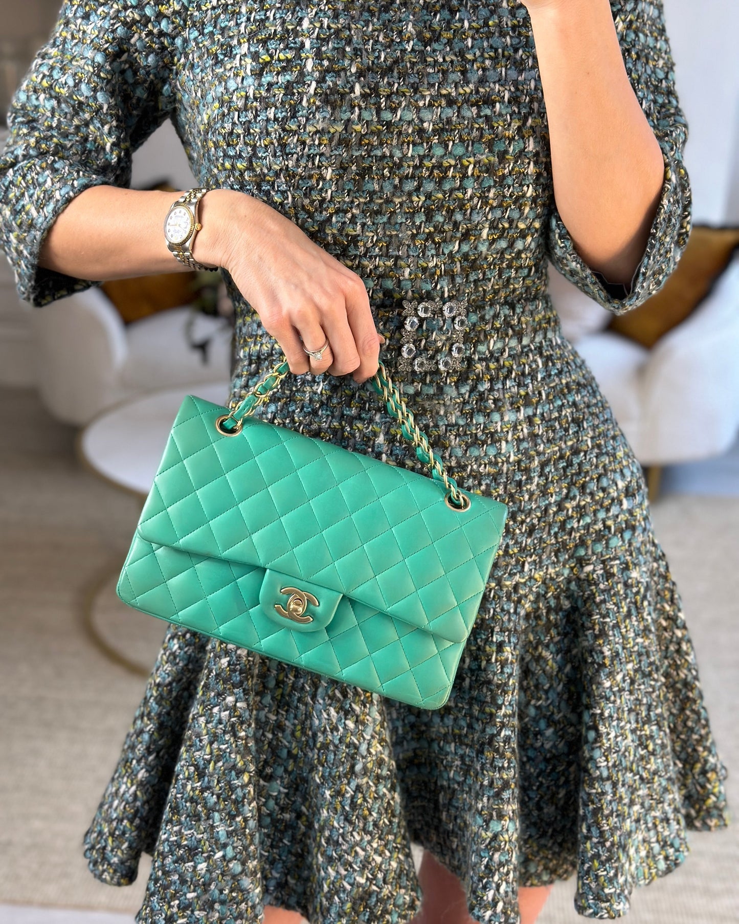 Chanel Emerald Green Medium Classic Double Flap Bag in Lambskin Leather with Gold Hardware