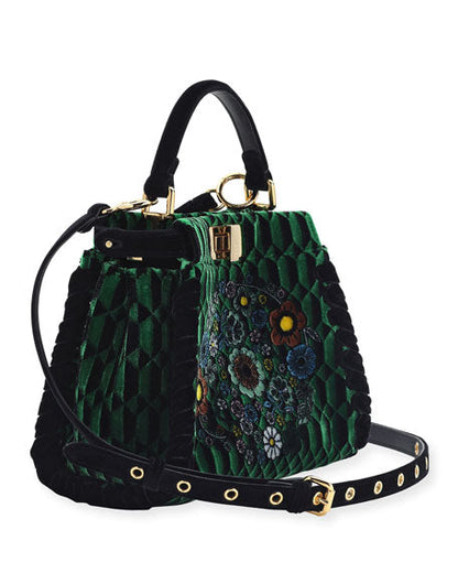 Fendi Floral Green Velvet Mini Peekaboo Bag