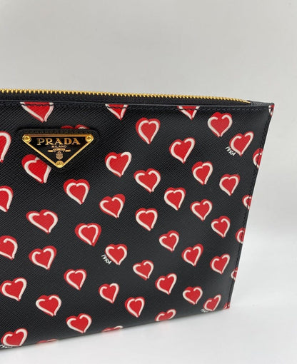 Prada Saffiano Leather Heart Print Clutch Bag