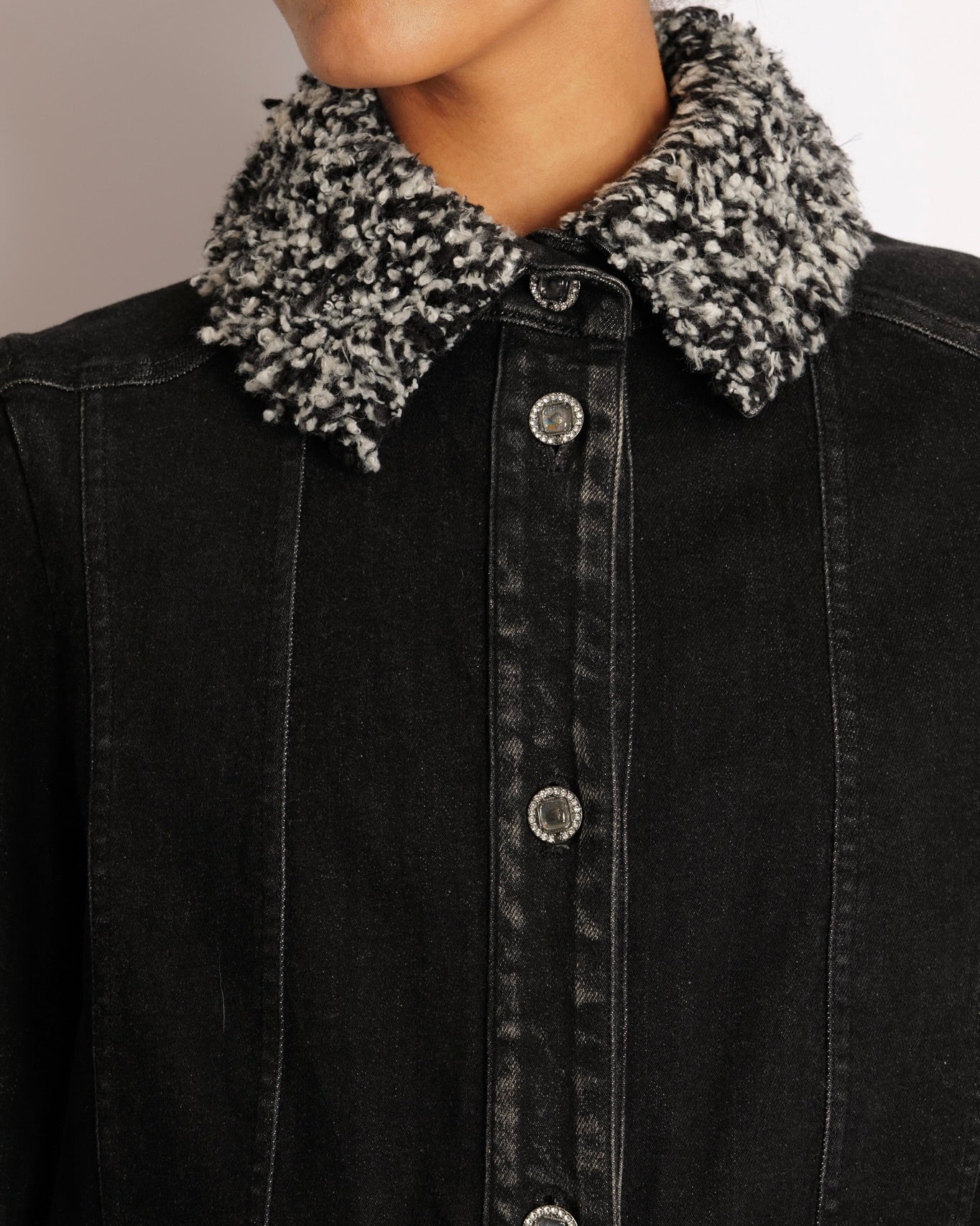 Chanel 16/A Black Denim Jacket with Black and White Shearling Pocket and Collar Details with Crystal Embellished CC Logo Buttons Size FR 38 (UK 10)