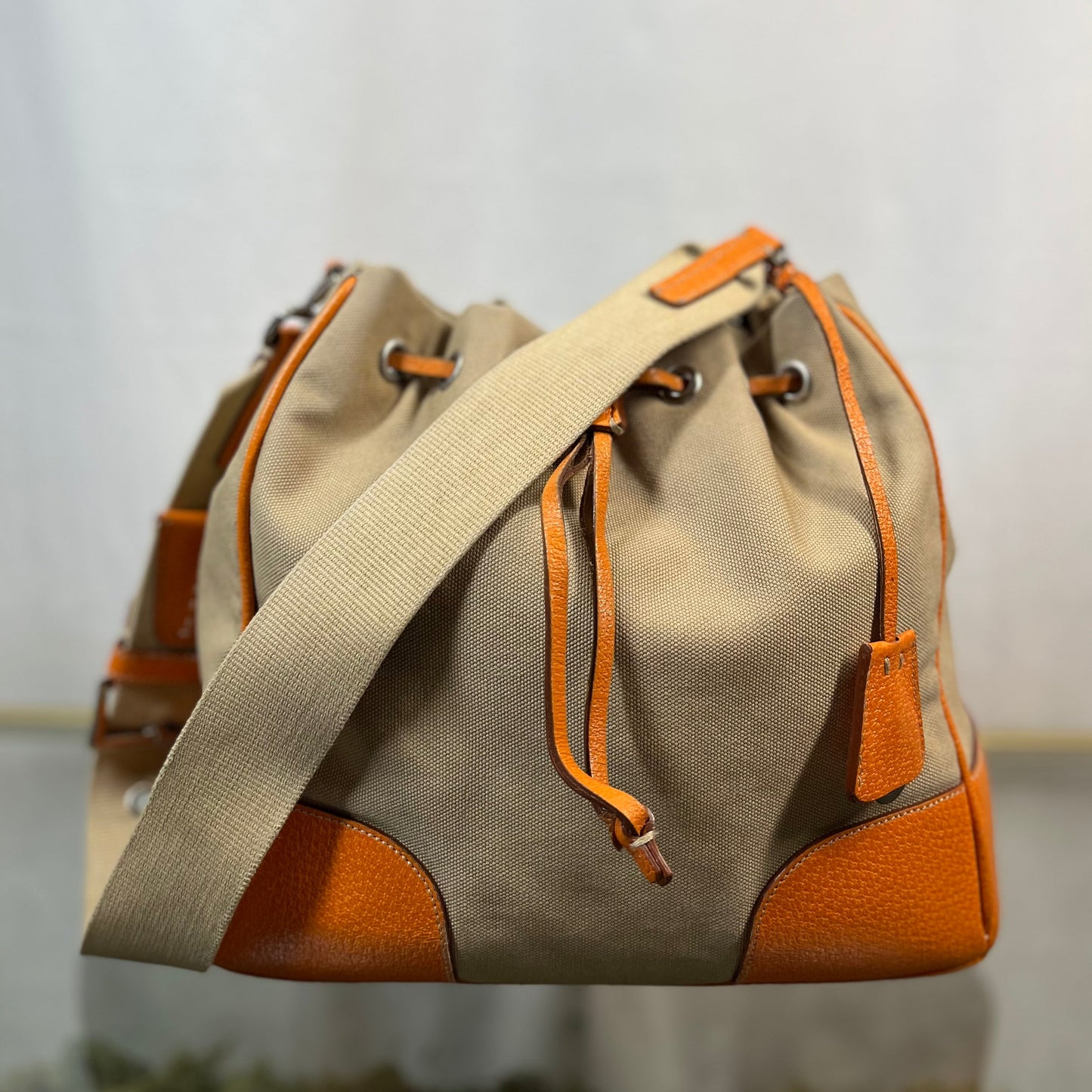 Prada Leather & Canvas Drawstring Orange Bucket Bags TS3776