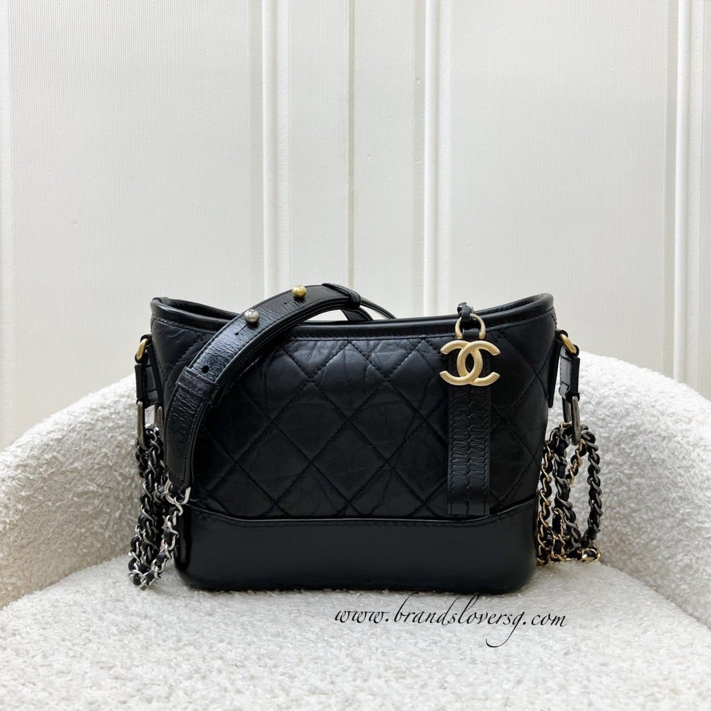 Chanel Small Gabrielle Hobo in Black Distressed Calfskin and 3 tone Hardware (Model: A91810)