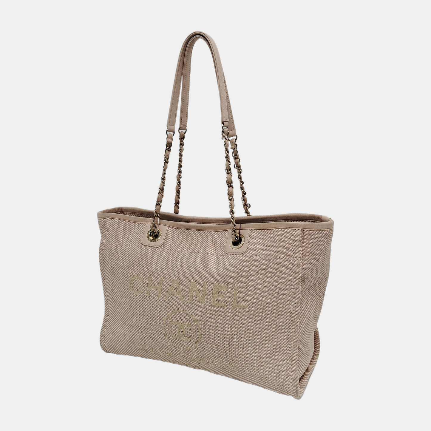 Chanel Deauville Tote Light Pink Cloth Leather Chain Strap Small 34cm