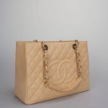 Chanel beige Grand Shopping Tote Beige GST Bag in Caviar Leather with Gold Hardware