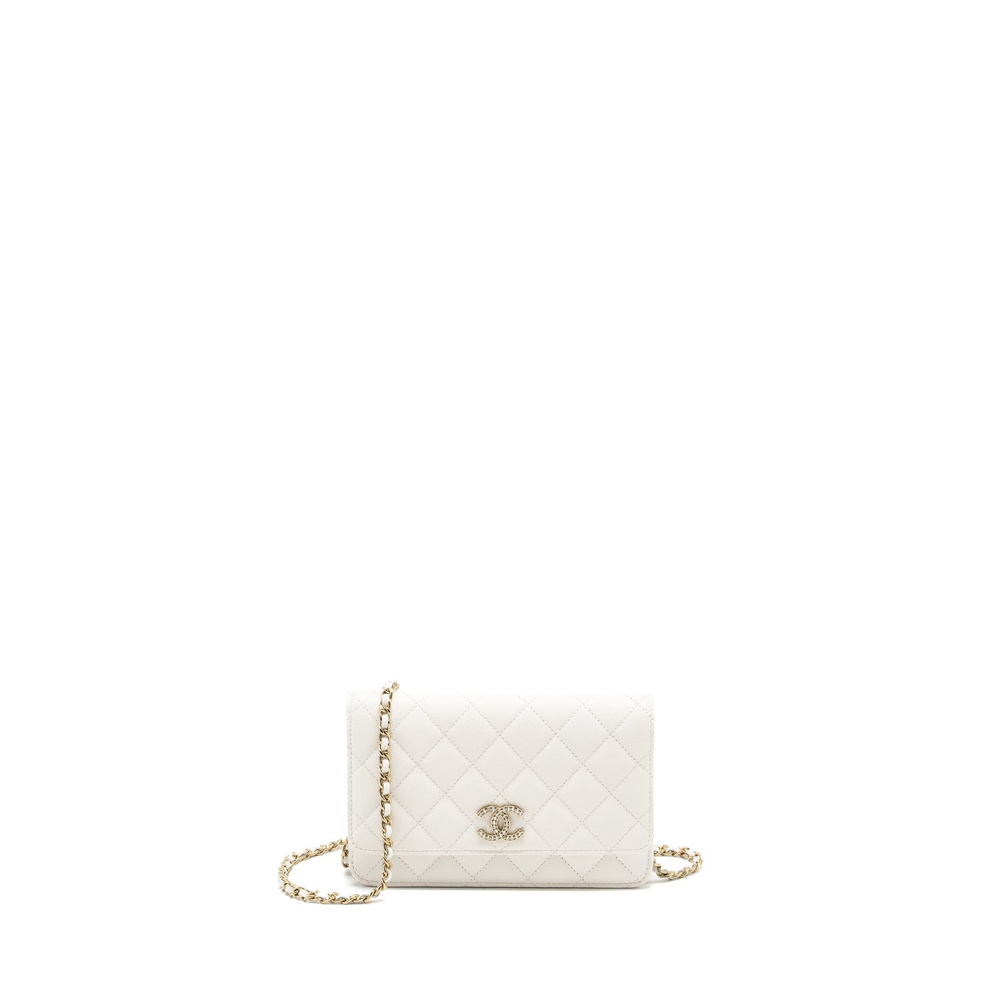 Chanel Detail Crystal CC Logo Wallet On Chain Caviar White LGHW(Microchip)