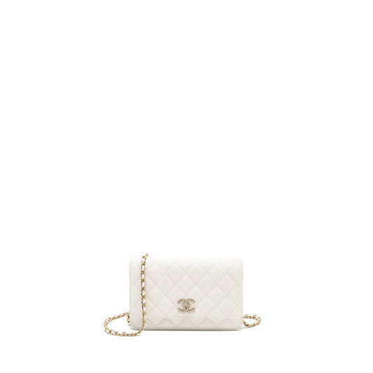 Chanel Detail Crystal CC Logo Wallet On Chain Caviar White LGHW(Microchip)