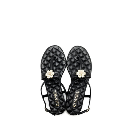 Chanel size 38 camellia leather Sandals black LGHW