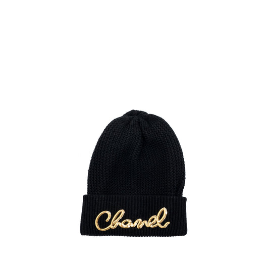 Chanel Beanie with Gold Letters Cashmere Black