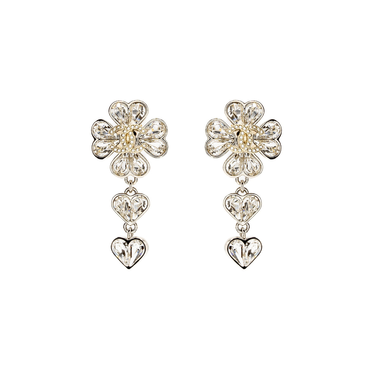 Chanel CC Clover Heart Drop Earrings Crystal Silver Tone