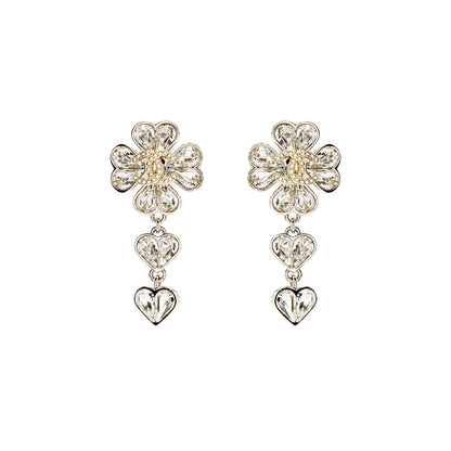 Chanel CC Clover Heart Drop Earrings Crystal Silver Tone
