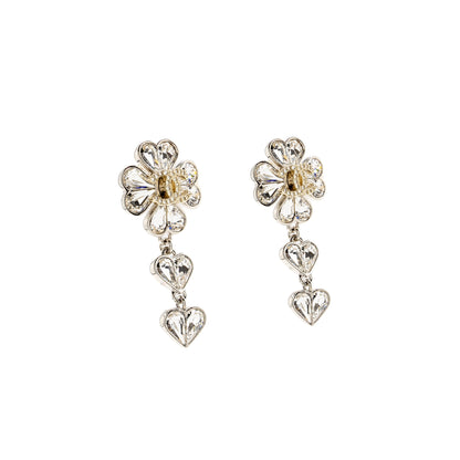 Chanel CC Clover Heart Drop Earrings Crystal Silver Tone