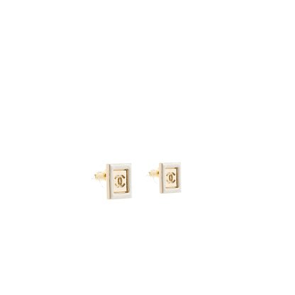 Chanel Square and CC logo earrings white gold tone