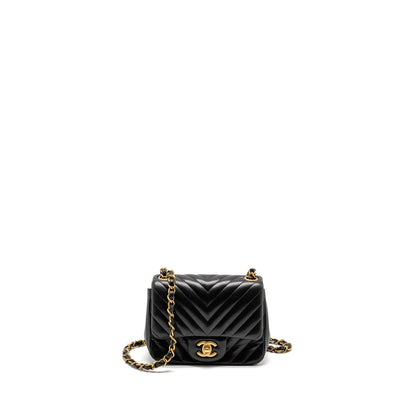 Chanel Mini Square Chevron Flap Bag Lambskin Black GHW