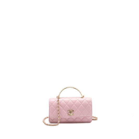 Chanel Pearl Detailed Top Handel Wallet On Chain Lambskin Pink LGHW (Microchip)