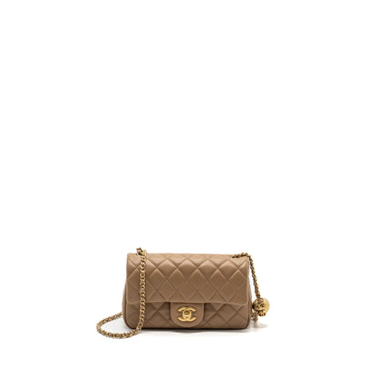 Chanel 22B pearl crush mini rectangular flap bag lambskin dark Beige GHW (Microchip)