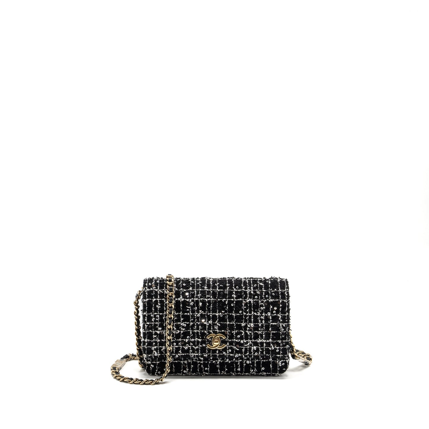 Chanel 24p Detail Chains Wallet On Chain Tweed/Sequins Black/White LGHW (Microchip)