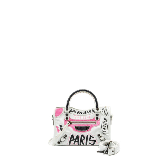Balenciaga City Graffiti Classic Studs bag leather white / pink/ black with black hardware