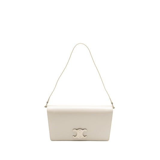 Celine Trapeze Triomphe Shoulder Bag Shiny Calfskin White SHW