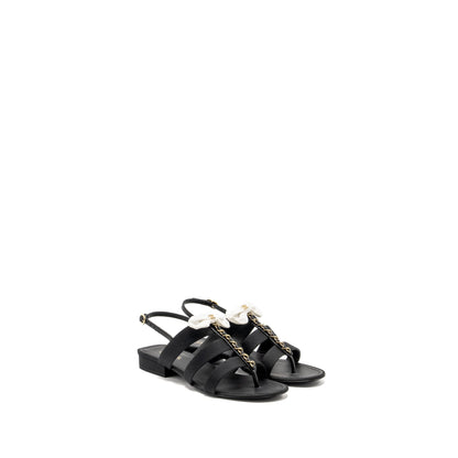 Chanel Size 39 21K Grosgrain Chain CC Logo With White Bow Sandals Black LGHW
