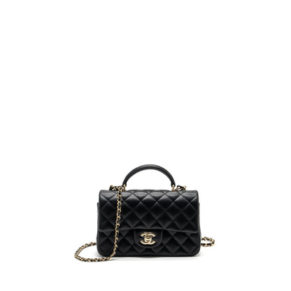 Chanel Top Handle Mini Rectangular Flap Bag lambskin Black LGHW(Microchip)