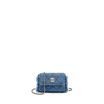Chanel 22p Logo Printed Mini Clutch With Chain Denim Blue/Multicolour LGHW