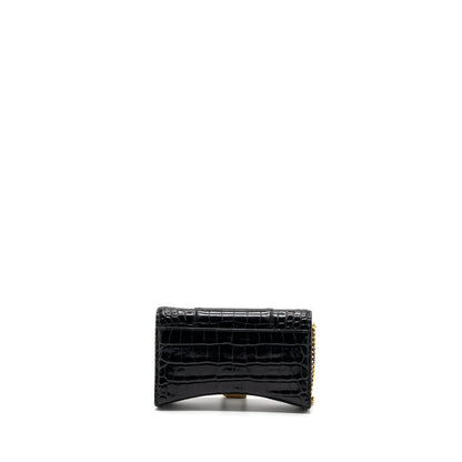 Balenciaga Hourglass Wallet On Chain Croc Embossed Calfskin Black GHW