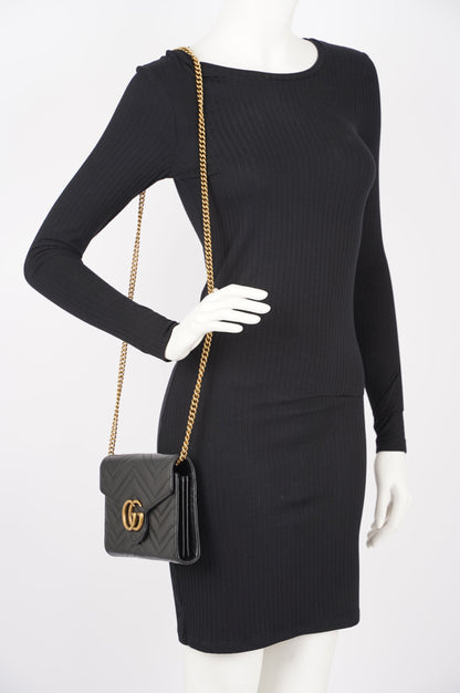 Gucci Womens Marmont Flap Black / Gold Matelasse Mini