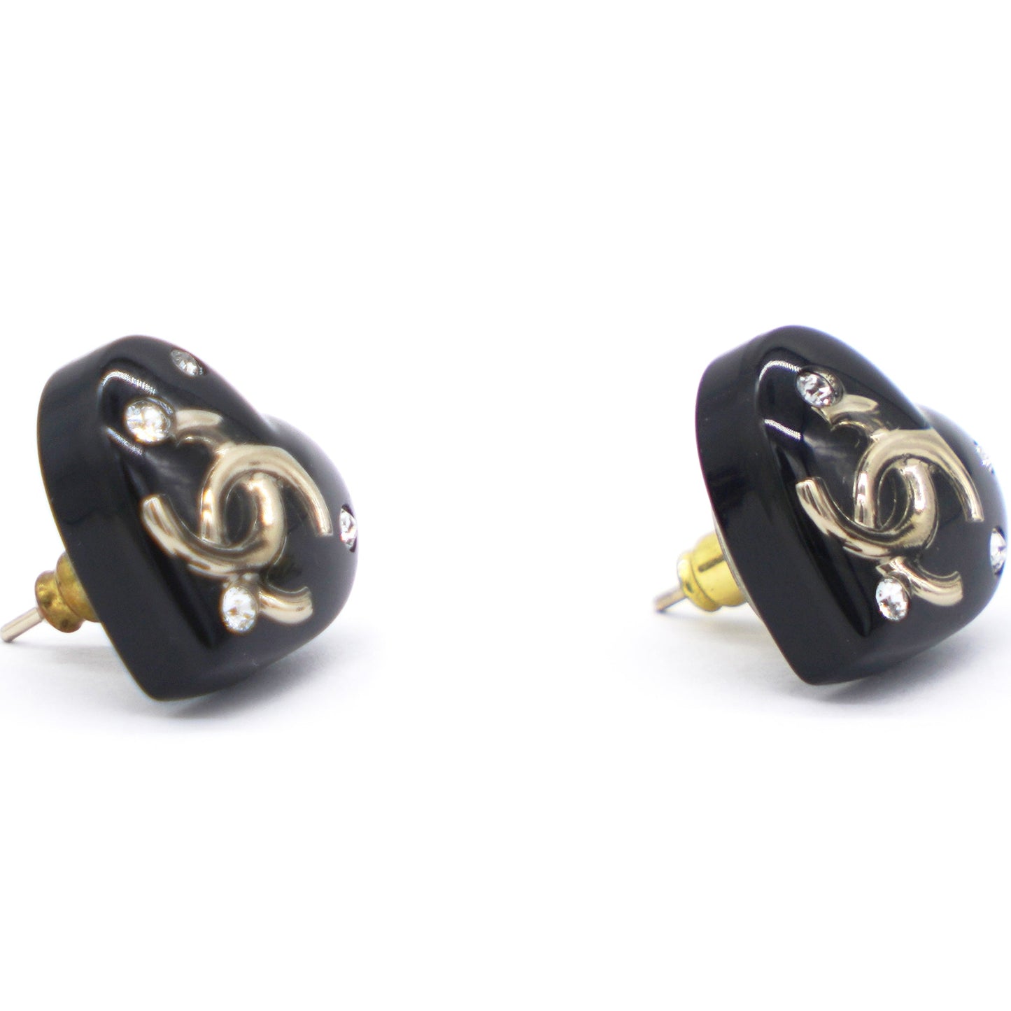 Resin Crystal CC Heart Earrings Black Gold