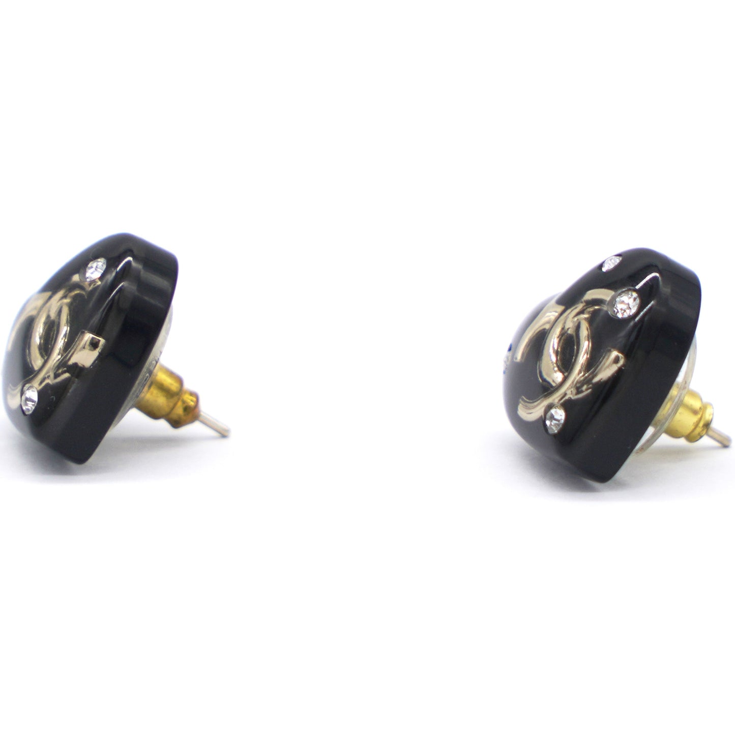 Resin Crystal CC Heart Earrings Black Gold